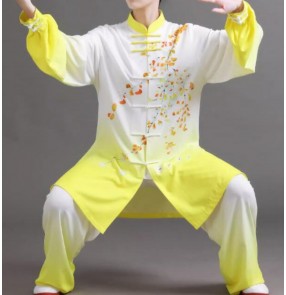 Tai Chi clothing Chinese kung fu uniforms for women yellow gradient printed wushu martial art competition suit for men's eight section brocade fitness wear